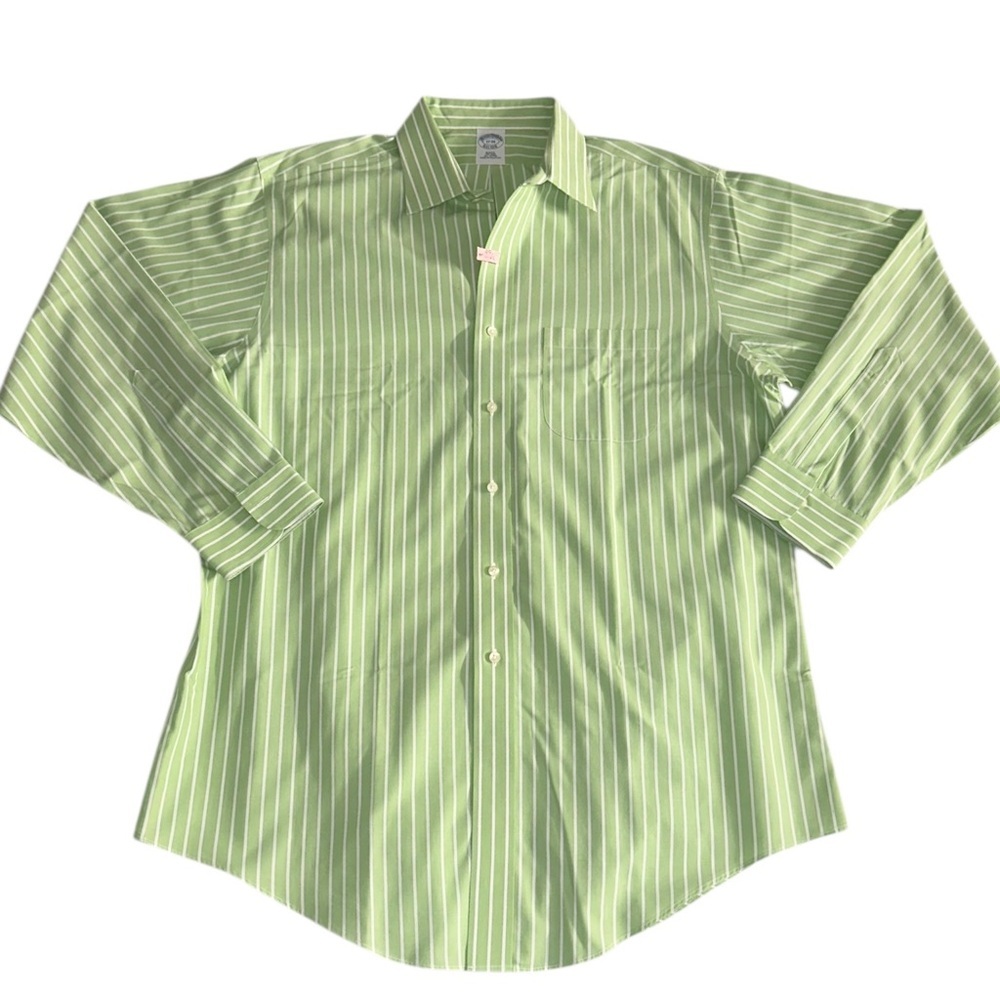 Brooks Brothers Dress Shirt Mens 17-34 Cotton Slim Fit Green & White Stripe - Picture 2 of 9